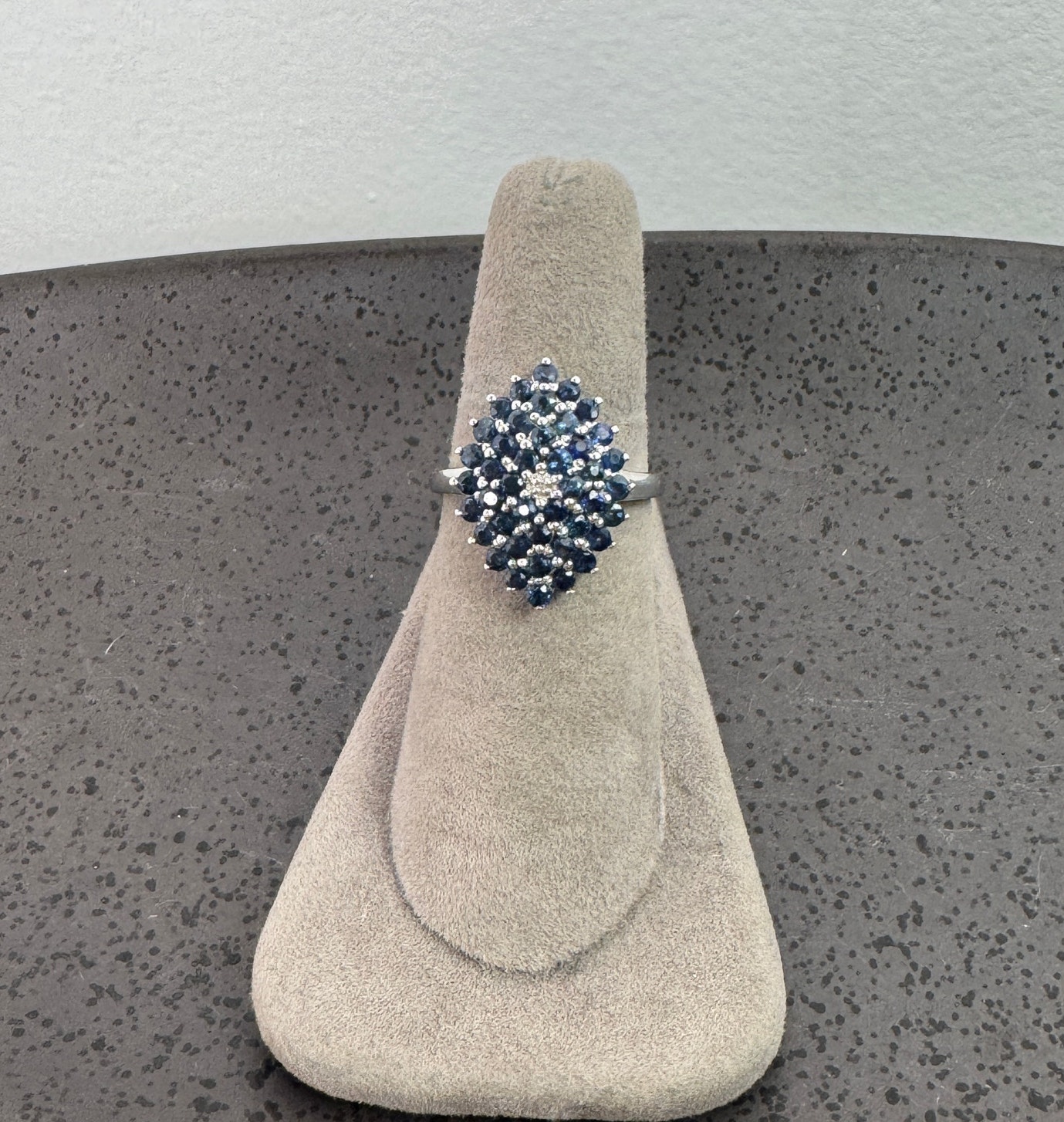 Unique White Gold 10k Blue Sapphire Pave Diamond Cocktail Statement Ring Sz 675